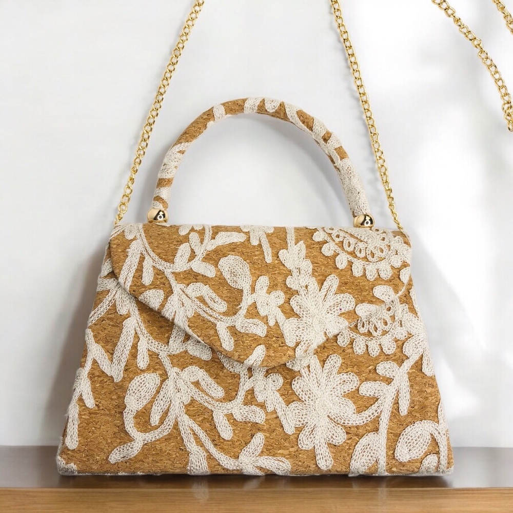Haute Hippie Floral Cream Embroidered Handbag Beige Bag Chain Wedding Guest Gift